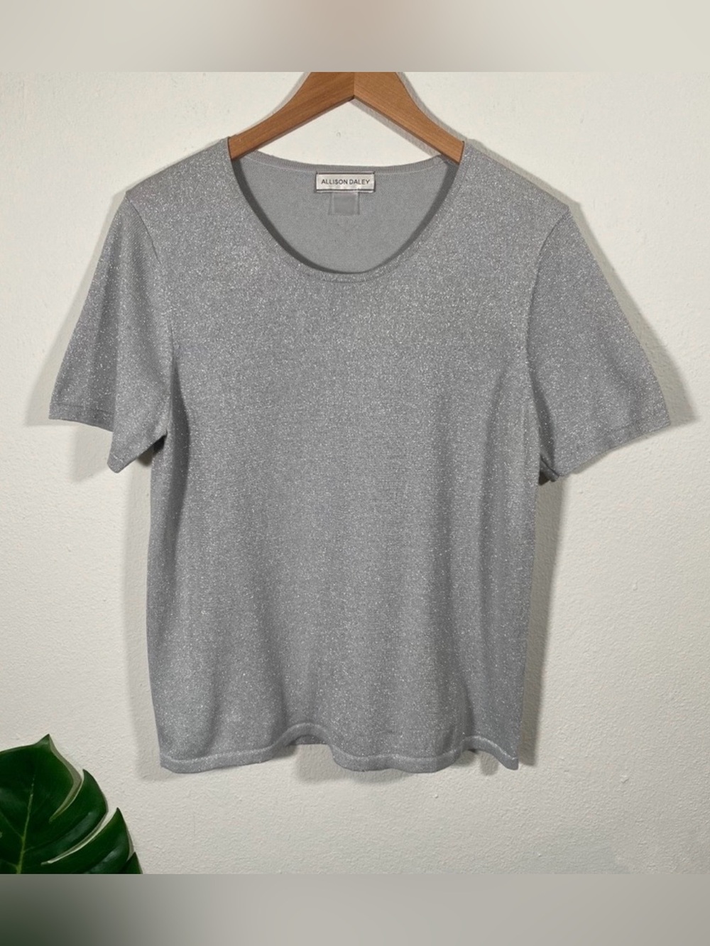 Allison Daley Grey Silver Sparkle Glitter Blouse Short Sleeves Women's Large